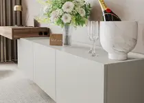 Hotelzimmer mit Sideboard mit Desktop Linoleum in der Farbe 4175 pebble.