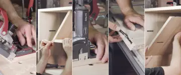 Instrukcja krok po kroku dotycząca łączenia mebli za pomocą systemu Lamello: wyfrezować rowek, włożyć złącze, zmontować elementy.