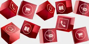 Red cubes with symbols depicting OSTERMANN services, such as hotline service, newsletters, catalogues and the online shop.