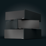 Dunkle, übereinandergestapelte Schubkastenmodule als Titelmotiv des OSTERMANN‑Prospekts zu Schubkastensystemen und Auszugsführungen.