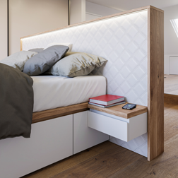 Sibu Designwand in weißer Lederoptik im modernen Schlafzimmer