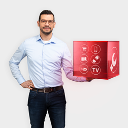 red cube with service icons