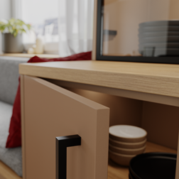 Half-open cabinet door in beige with black handle.