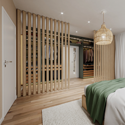 Schlafzimmer mit einem Raumtrenner aus Echtholzlamellen.