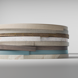 Edging rolls with different decors stacked on top of each other.