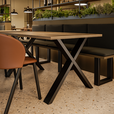 X-förmiges Tischgestell und U-förmiges Bankgestell