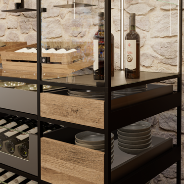 Meubelschapsysteem Hettich Cadro met glazen en houten elementen voor een stijlvolle vormgeving