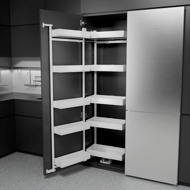 Hochschrankauszug Kesseböhmer Tandem III und Tandem side mit Einhängetablare Arena Pure in Icewhite.