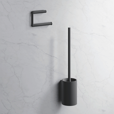 Schwarze WC-Bürste mit Halter an Marmorwand