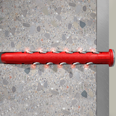 Der flexible Kunststoffmantel fügt sich flexibel an die Bohrlochwand. Gleichzeitig verkeilen sich Widerhaken aus Metall.