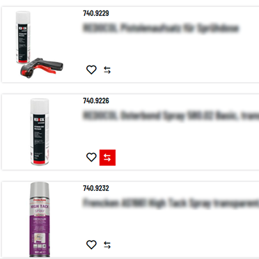 Artikelübersicht im OSTERMANN‑Onlineshop mit mehreren Spray‑Produkten und Vergleichs‑Icon innerhalb der Kategorien oder Suchergebnisse.