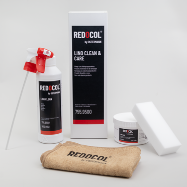 Für die Reinigung und Pflege von Möbellinoleum gibt es bei uns speziell abgestimmte Produkte, wie das Lino Clean und Care Set von REDOCOL.