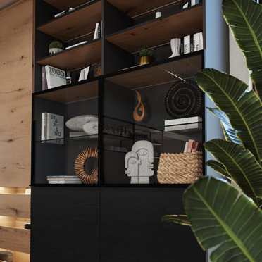Schwarzes Regal mit indirekter LED Beleuchtung