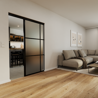 Offenstehende Schiebetür im Wohnzimmer