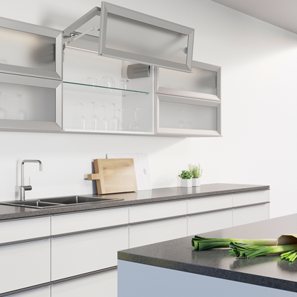 Kitchen cabinet with folding flap fitting