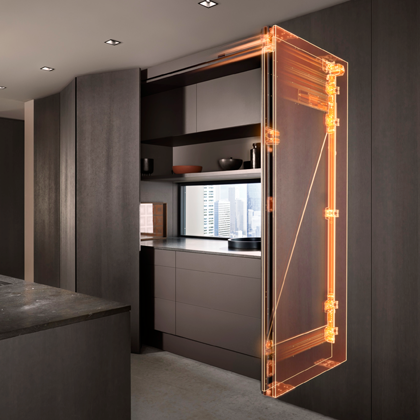 Blum REVEGO Pocketsystem mit orange hervorgehobener Einschiebetürtechnik vor geöffneter Küchenzeile