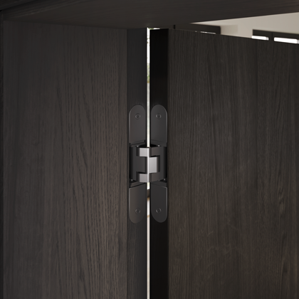 Ausschnitt von einem Türscharnier an einer dunklen geoeffneten Tuer.