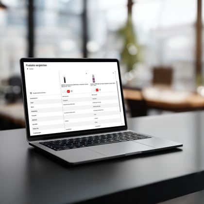 Na laptopie pokazana jest porównywarka produktów OSTERMANN z dwoma zestawionymi obok siebie tabelami informacji o produkcie w sklepie internetowym.