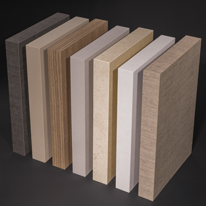 Furniture boards by Cleaf from the new Espresso Collection 2628 with matching edgings by OSTERMANN, shown as various board samples in warm brown and beige colours in front of a dark background.