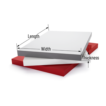 Graphic depiction of multiple boards with marked dimensions for lengthsm widths and thickness as a reference to the board weight calculator, which calculates the board weight for choosing the correct fitting.