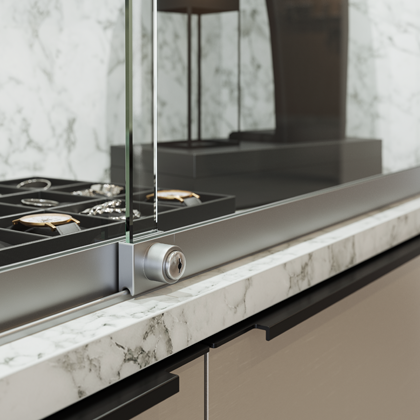 Vitrine mit Fokus auf den Schiebetuerbeschlag Slideline 97