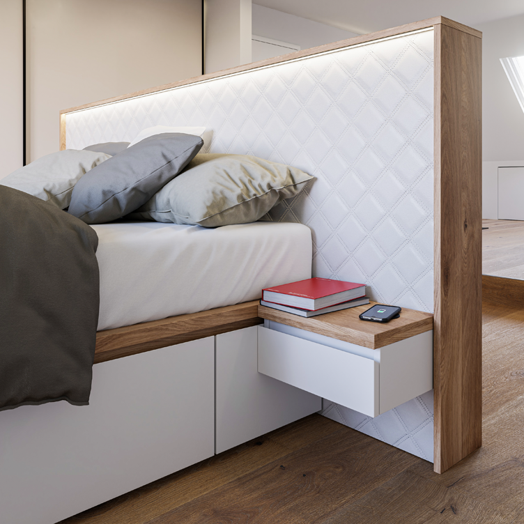 Sibu Designwand in weißer Lederoptik im modernen Schlafzimmer